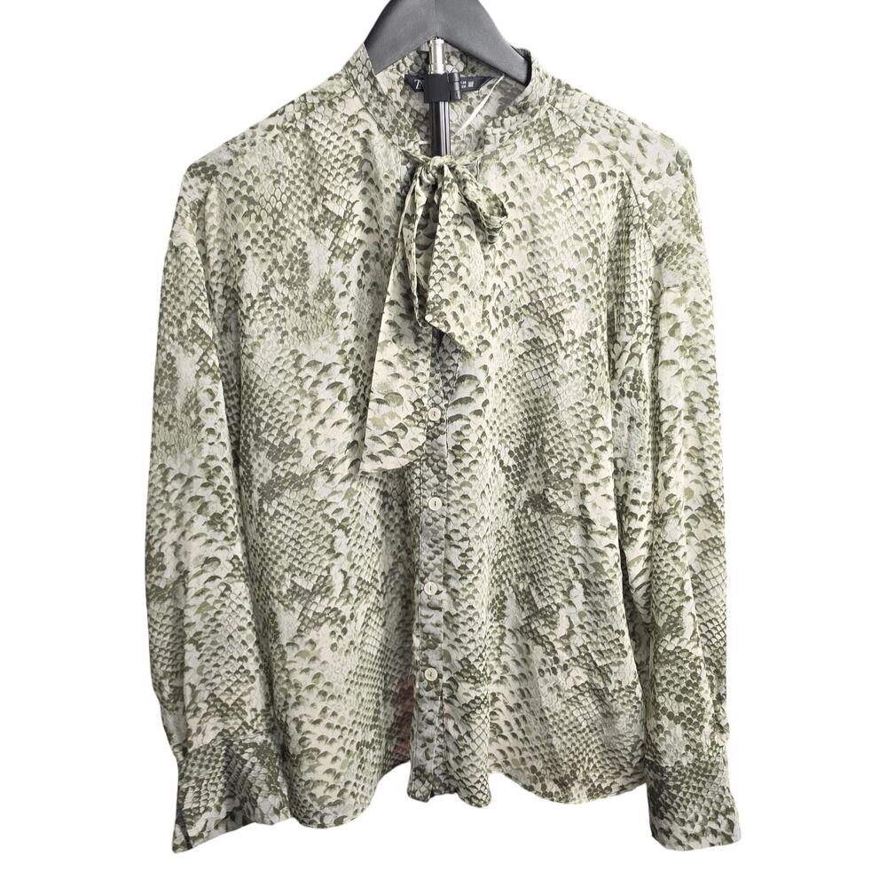 ZARA Women Blouse M Green Snake Print Sheer Button Up Long Sleeve Animal Chiffon